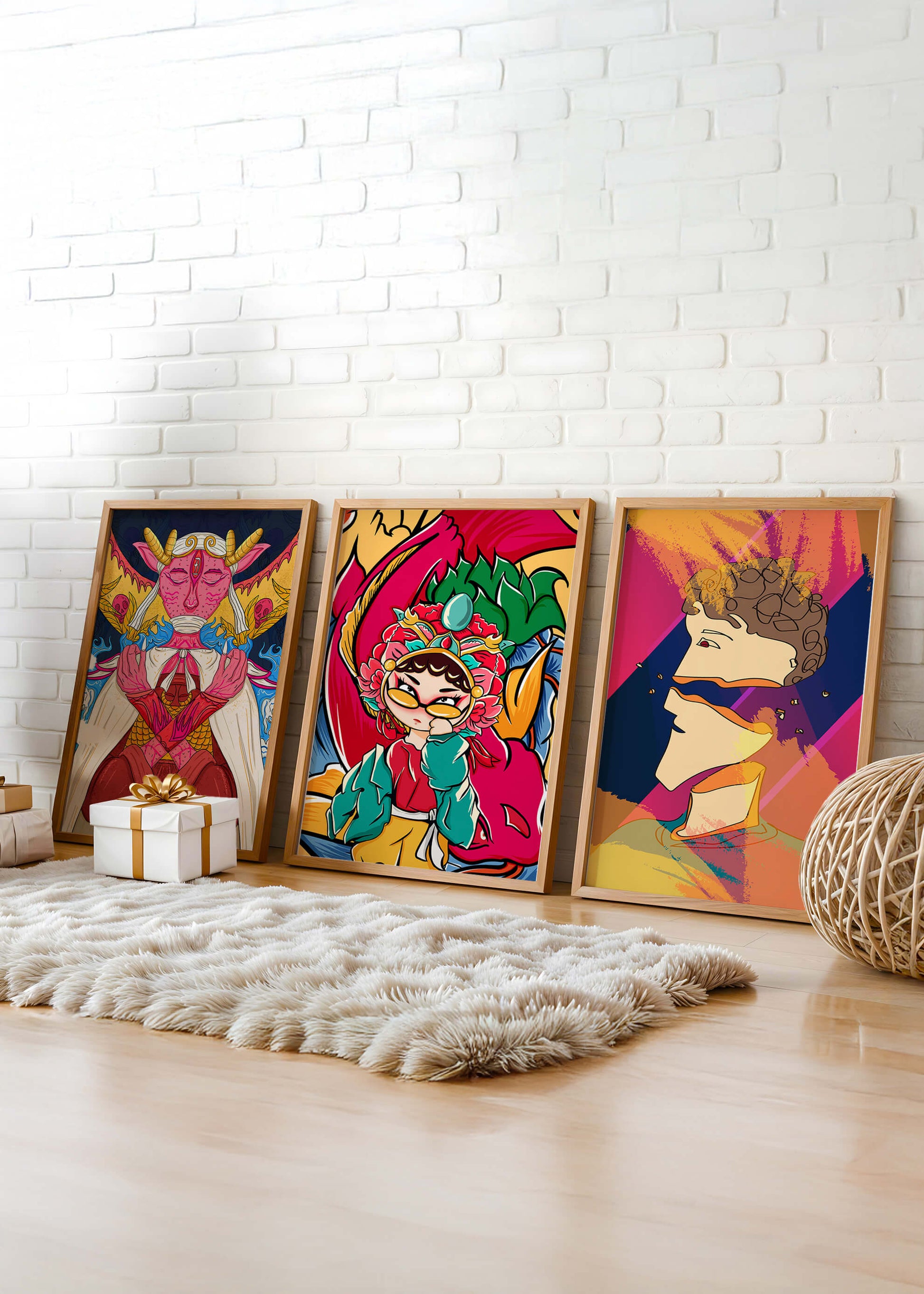 Conjunto de Tres Obras de Arte Pop sin Marco