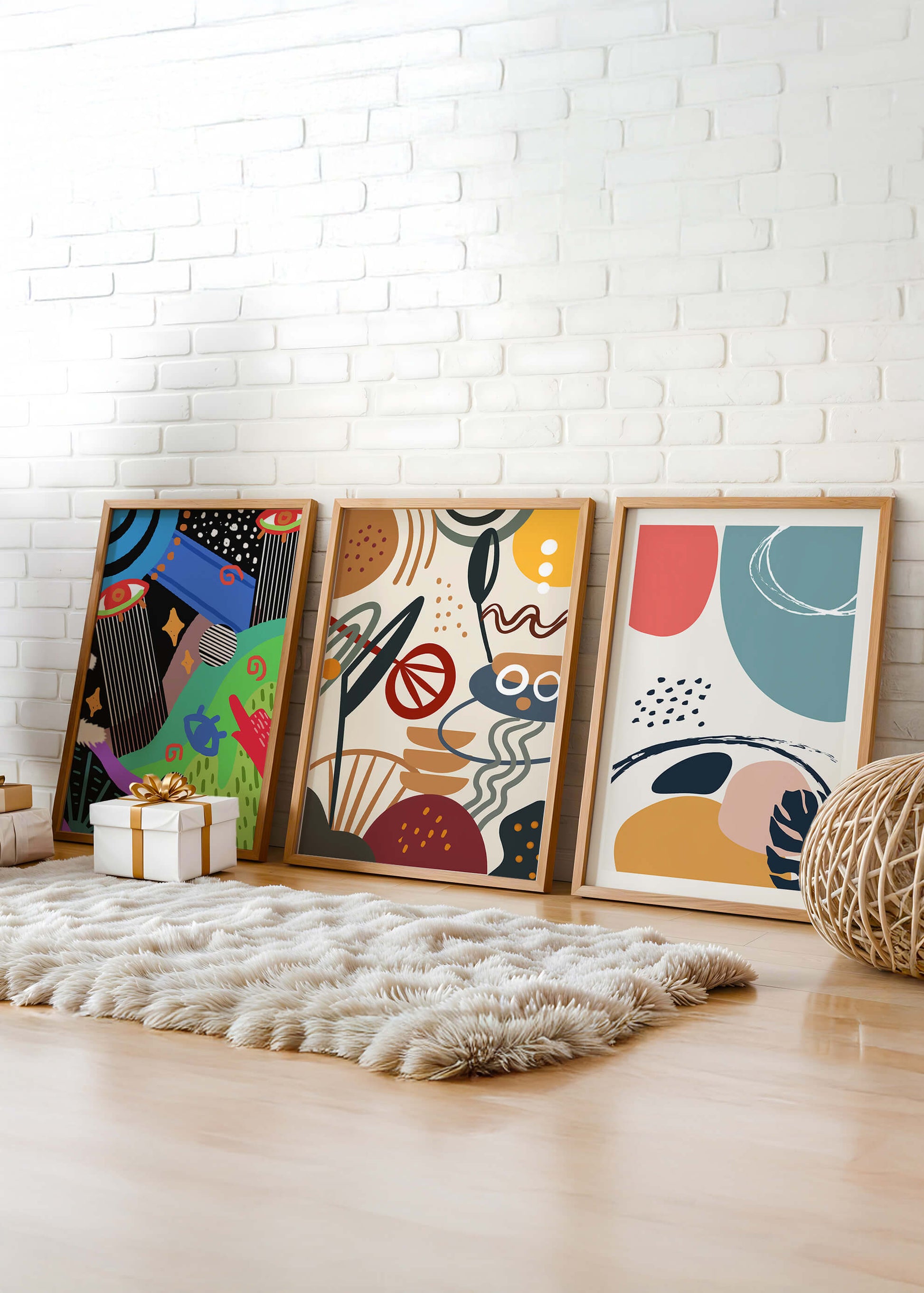 Ensemble de toiles abstraites modernes avec cadres en bois