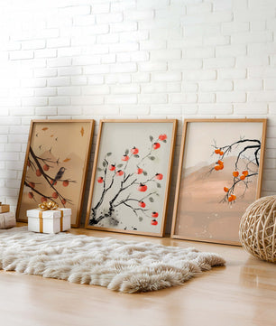 Conjunto de Obras de Arte con Ramas y Frutas en Estilo Oriental