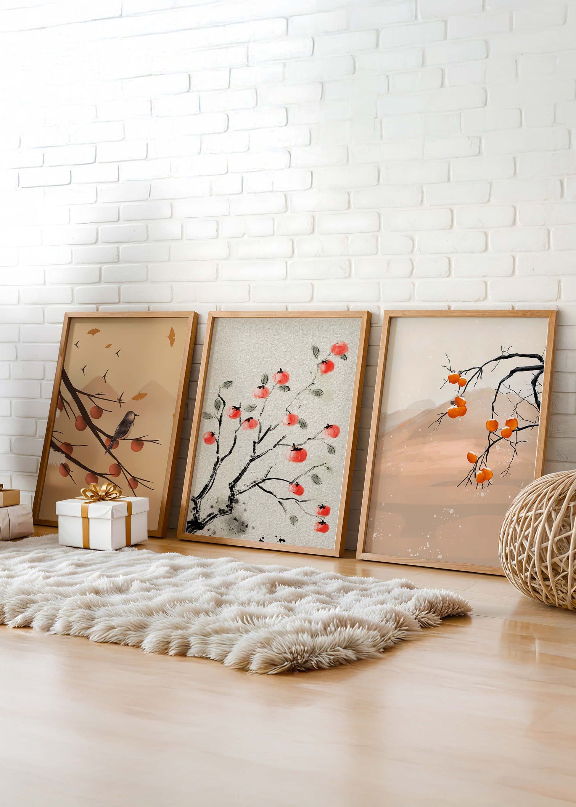 Conjunto de Obras de Arte con Ramas y Frutas en Estilo Oriental