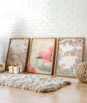 Triptyque oriental de paysages en tons pastels