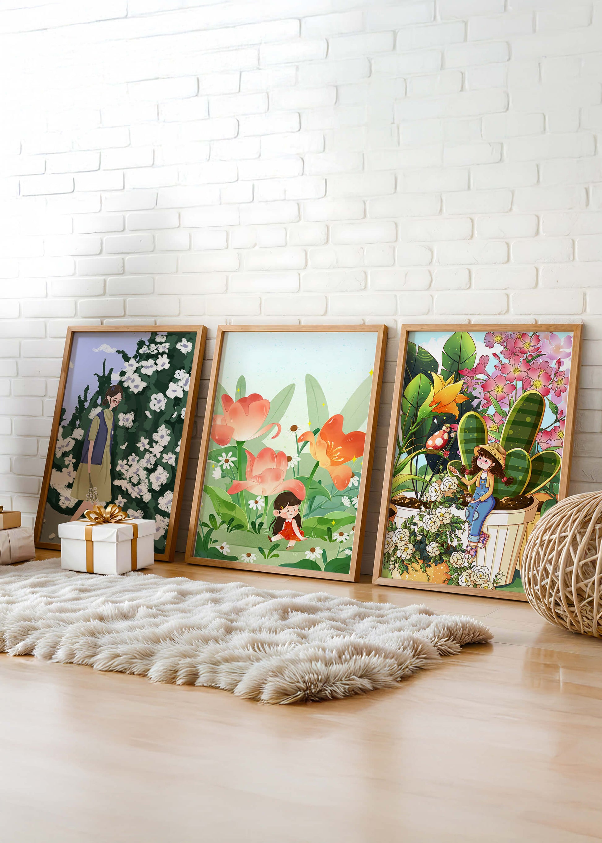 Tríptico de Ilustraciones Florales y Personajes