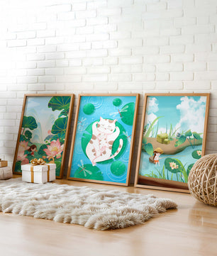 Ensemble d'illustrations artistiques pour enfants avec des chats et la nature