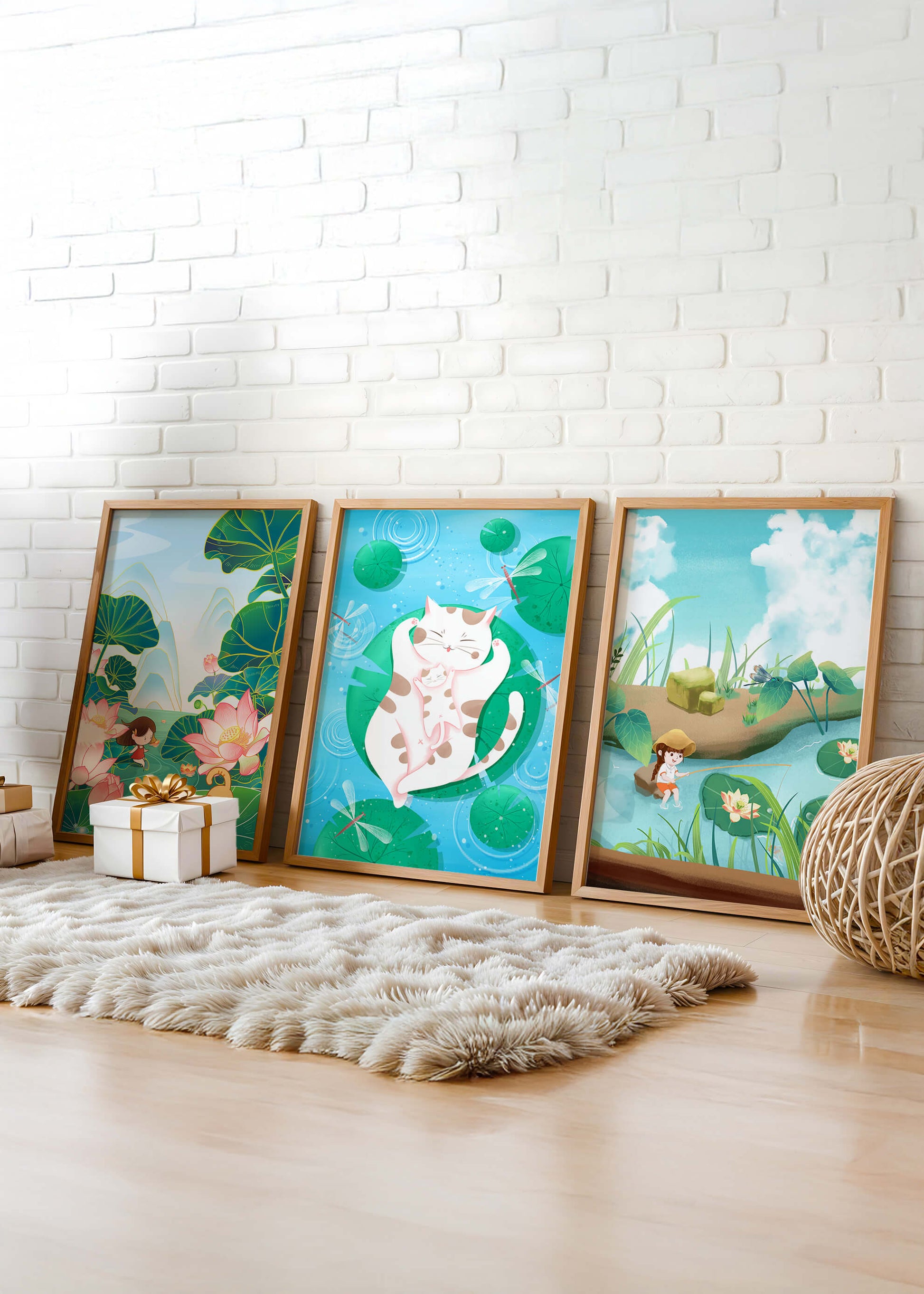 Ensemble d'illustrations artistiques pour enfants avec des chats et la nature