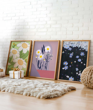 Tríptico De Arte Floral Con Margaritas En Colores Pastel