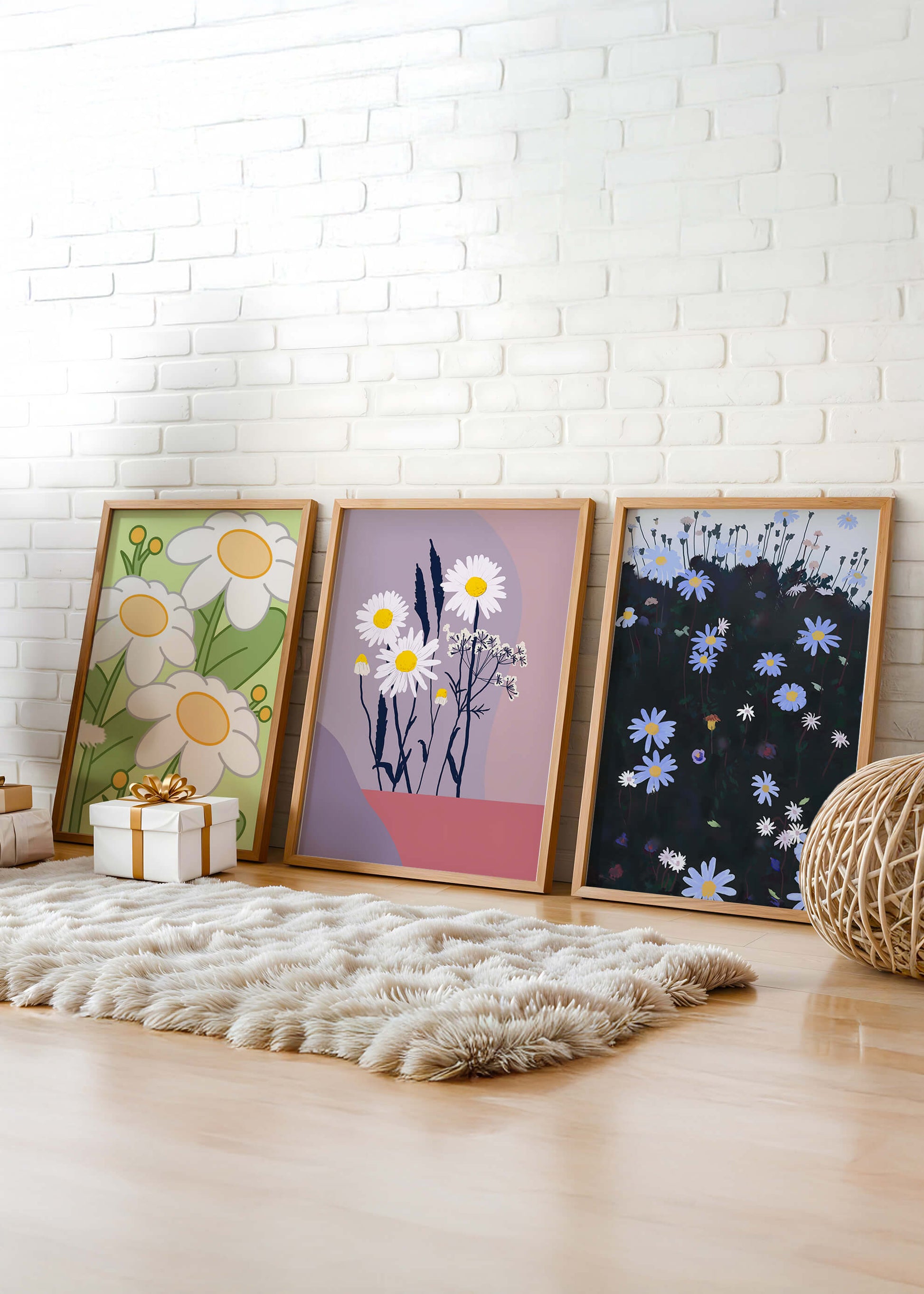 Triptyque d'art floral avec des marguerites en couleurs pastel