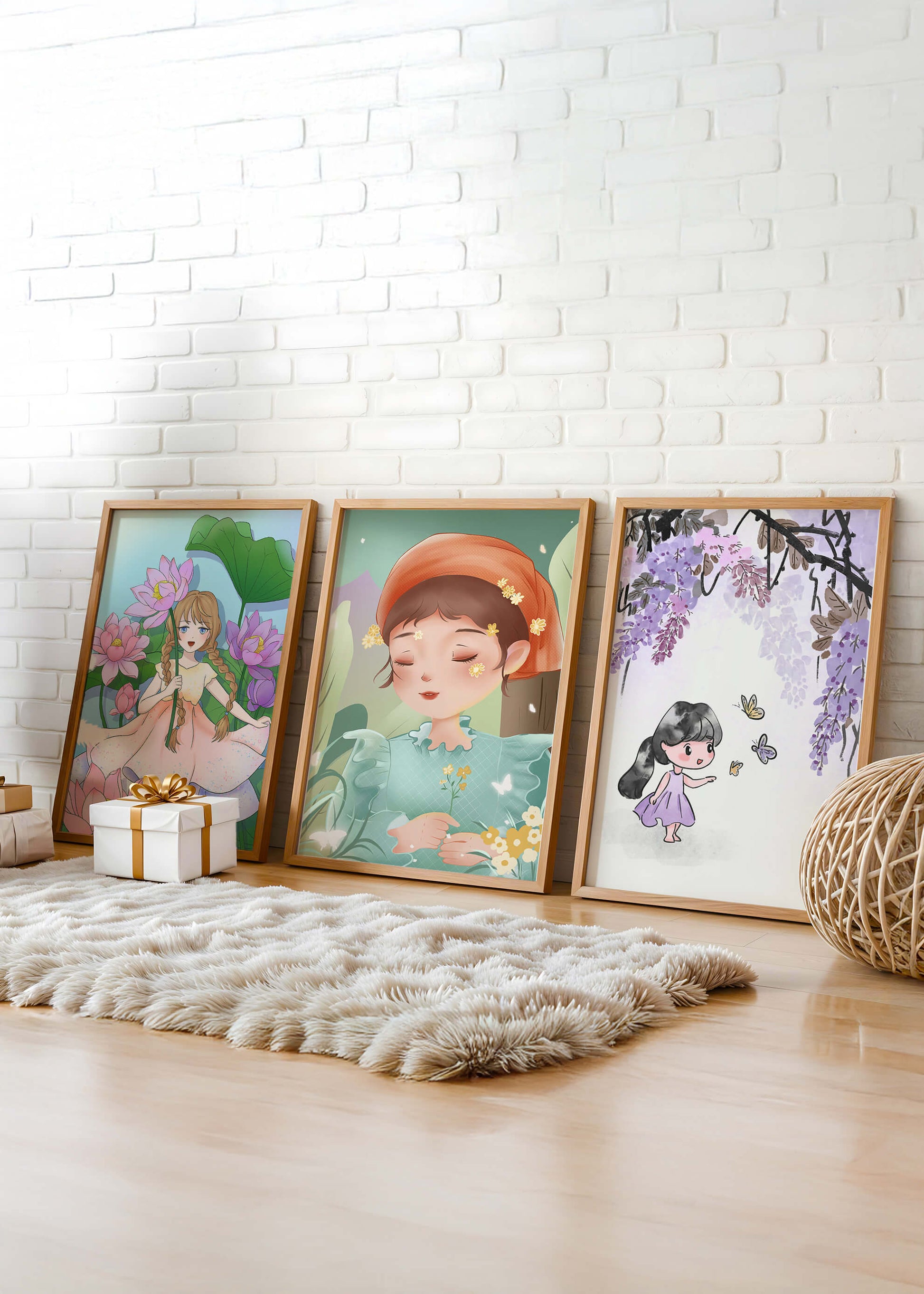 Ensemble d’illustrations artistiques avec des figures féminines sur un sol en bois