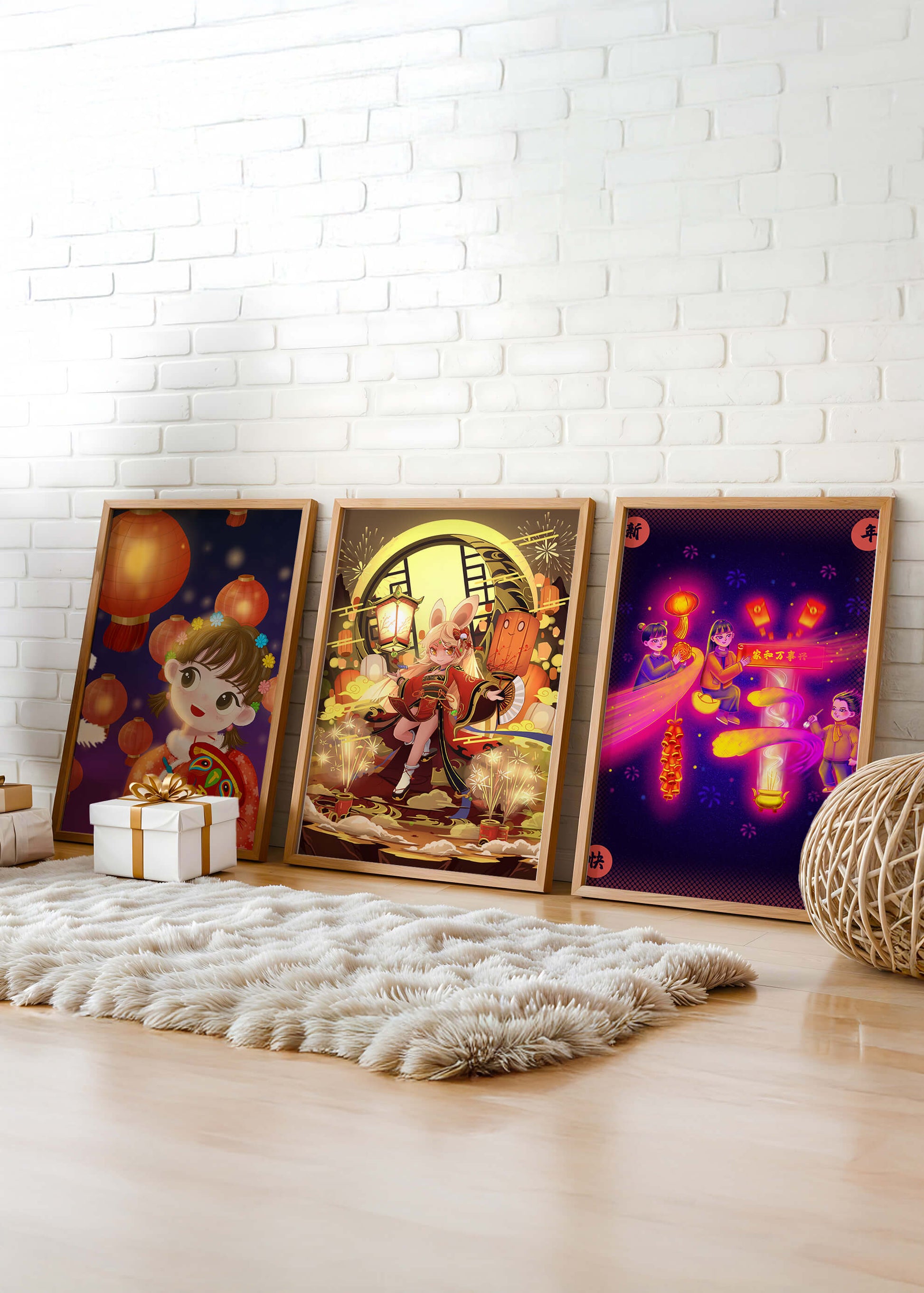 Impressions artistiques d’illustrations asiatiques avec des lanternes sur fond de bois clair