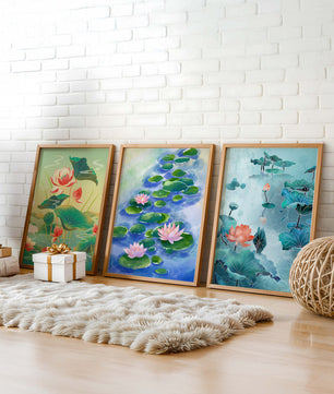 Triptyque d'aquarelles de fleurs de lotus au design moderne