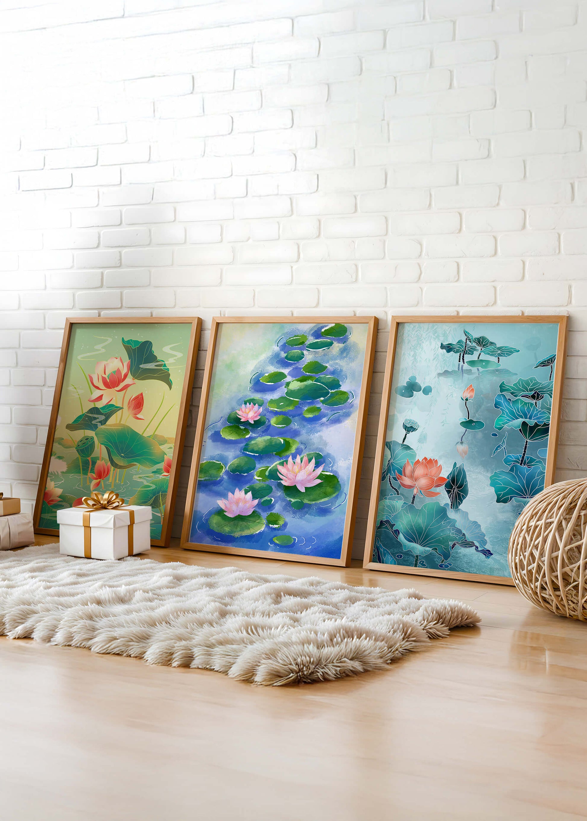 Tríptico de acuarelas de flores de loto en diseño moderno
