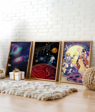 Triptyque d'art spatial avec astronautes en impression de haute qualité