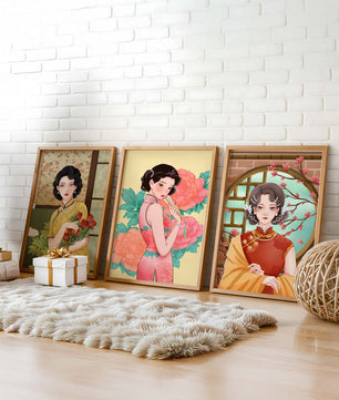 Ensemble de trois illustrations de femmes au style asiatique classique
