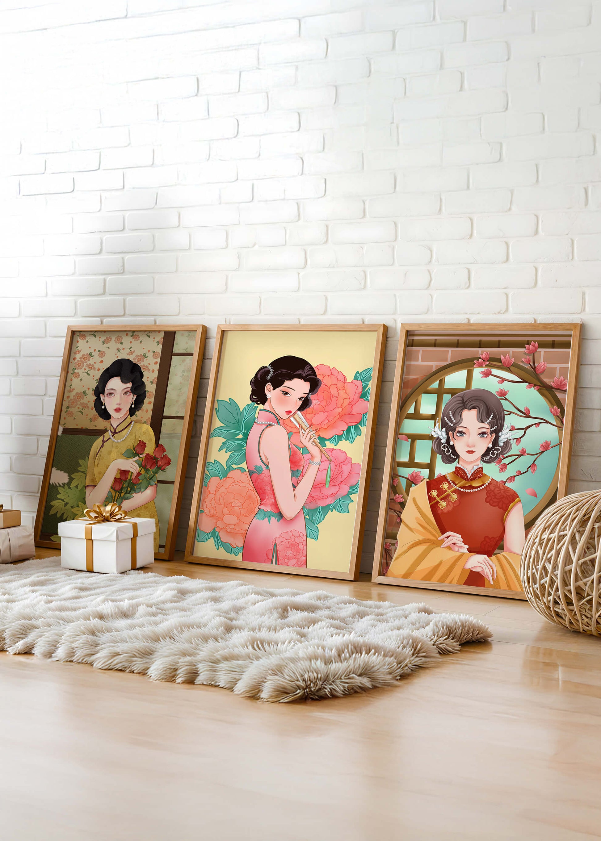 Conjunto de Tres Ilustraciones de Mujeres con Estilo Asiático Clásico