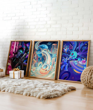 Set aus drei futuristischen Kunstdrucken in modernem Umfeld