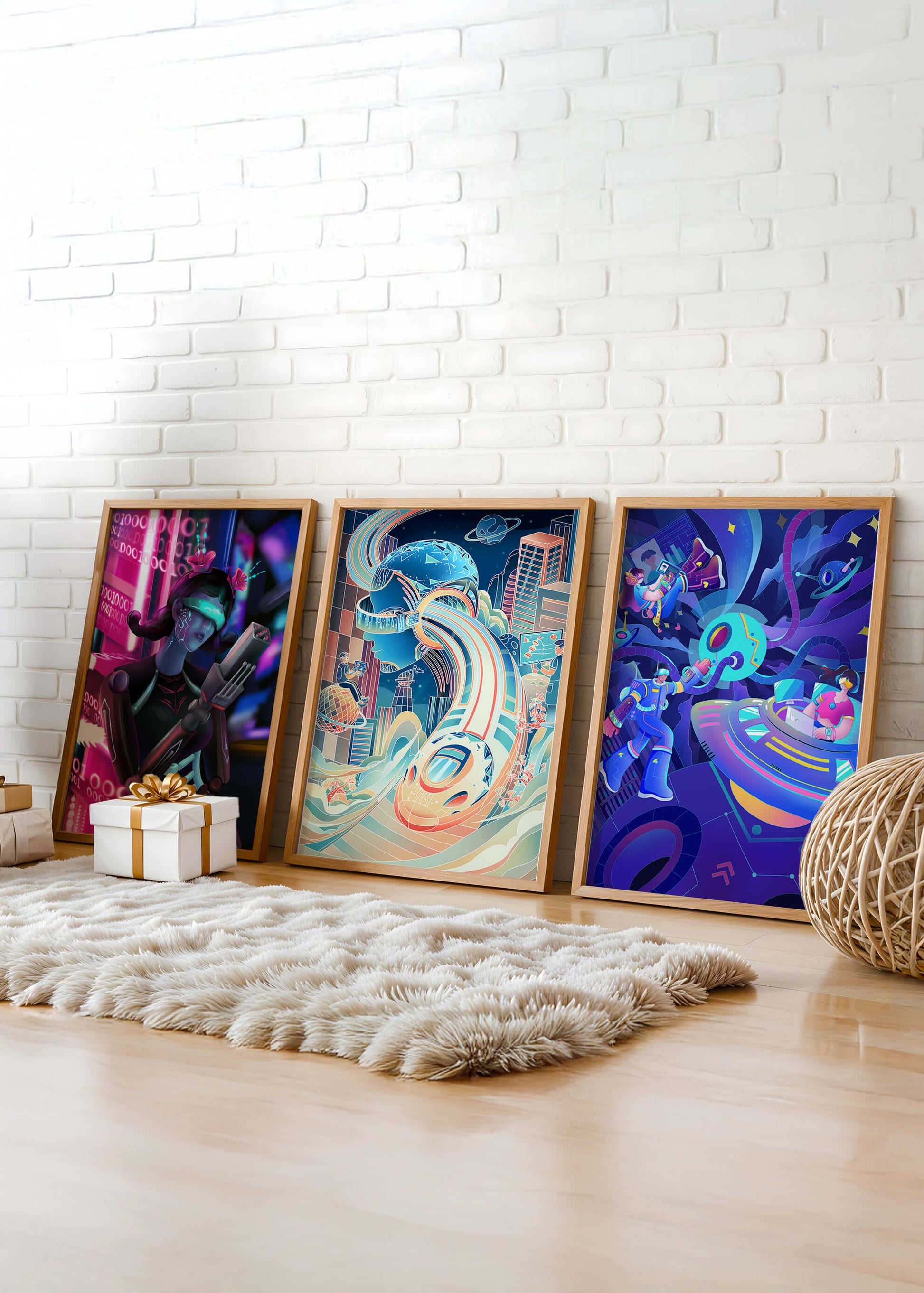 Set aus drei futuristischen Kunstdrucken in modernem Umfeld