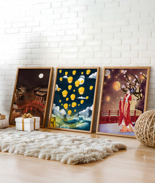Ensemble de toiles avec éléments asiatiques et lanternes lumineuses