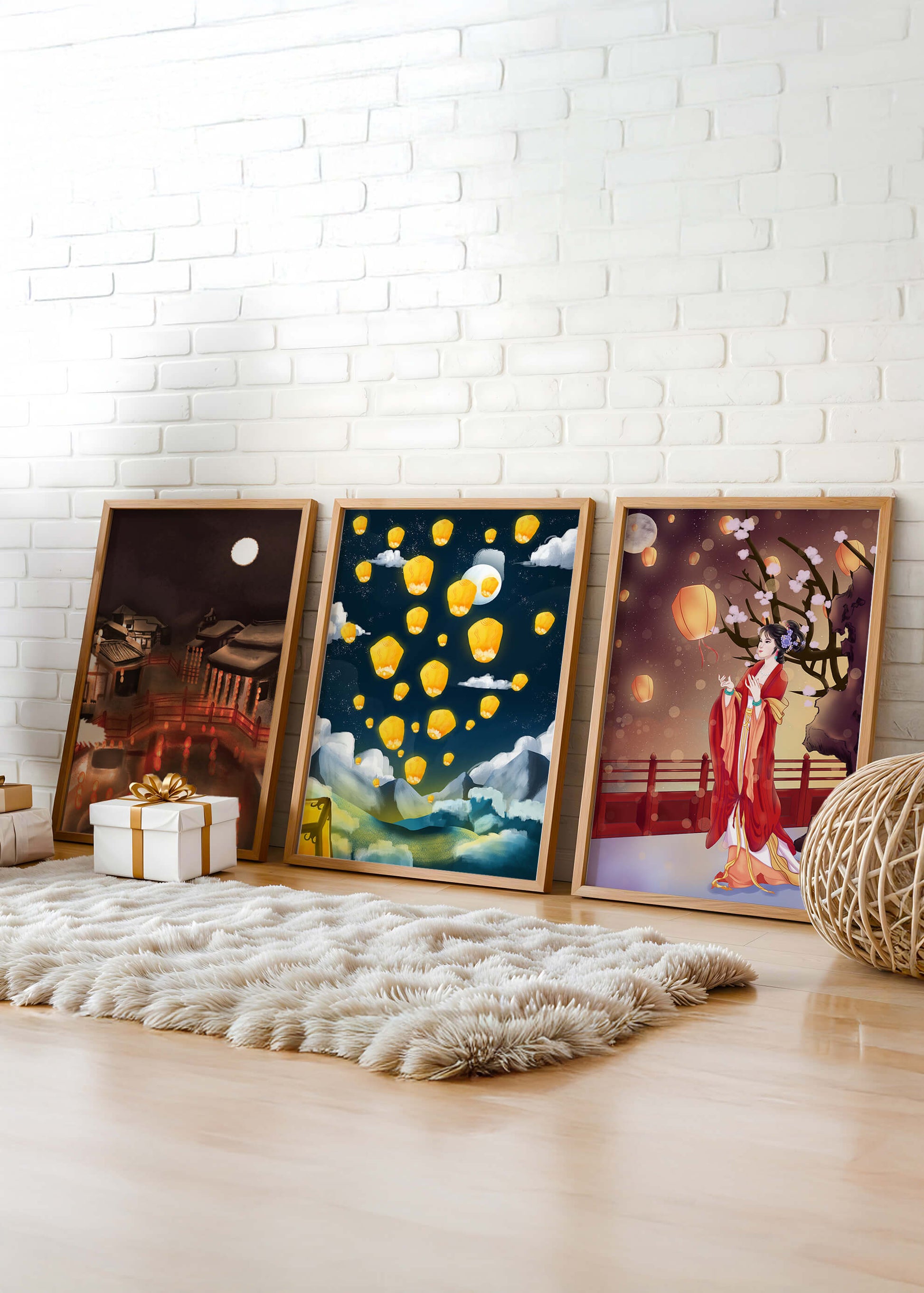 Ensemble de toiles avec éléments asiatiques et lanternes lumineuses