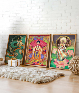 Conjunto de Tres Obras de Arte Oriental en Bloques de Madera