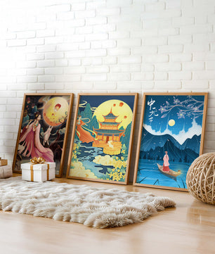 Ensemble d'art oriental avec paysages mystiques et pleine lune