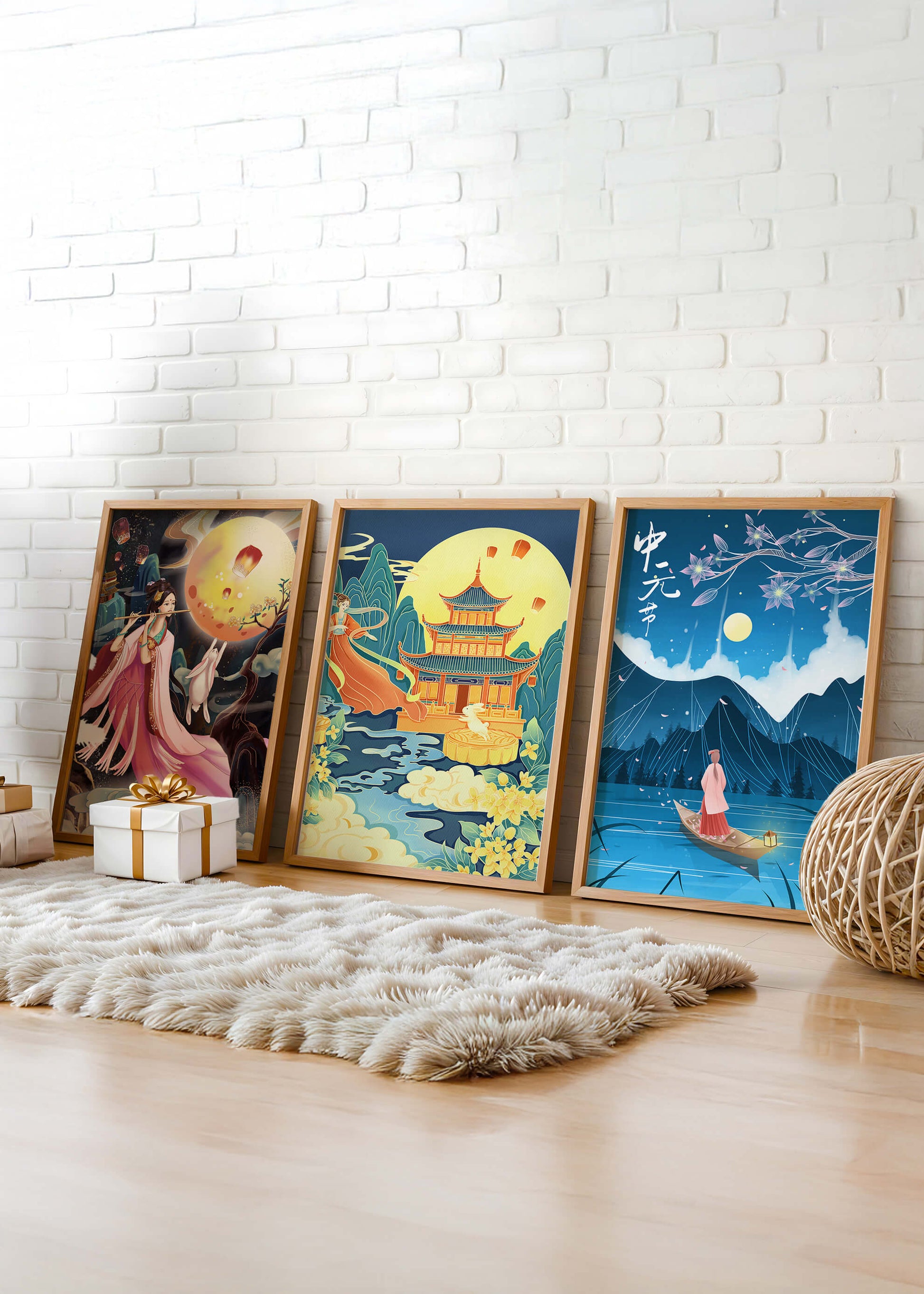 Conjunto de Arte Oriental con Paisajes Místicos y Luna Llena