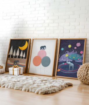 Triptyque d’illustrations avec des motifs d’éléphants et de paysages fantastiques
