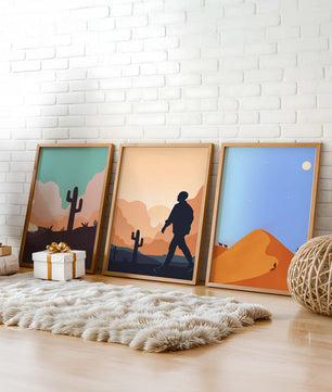 Ensemble d'impressions artistiques de paysages désertiques avec des silhouettes et des cactus
