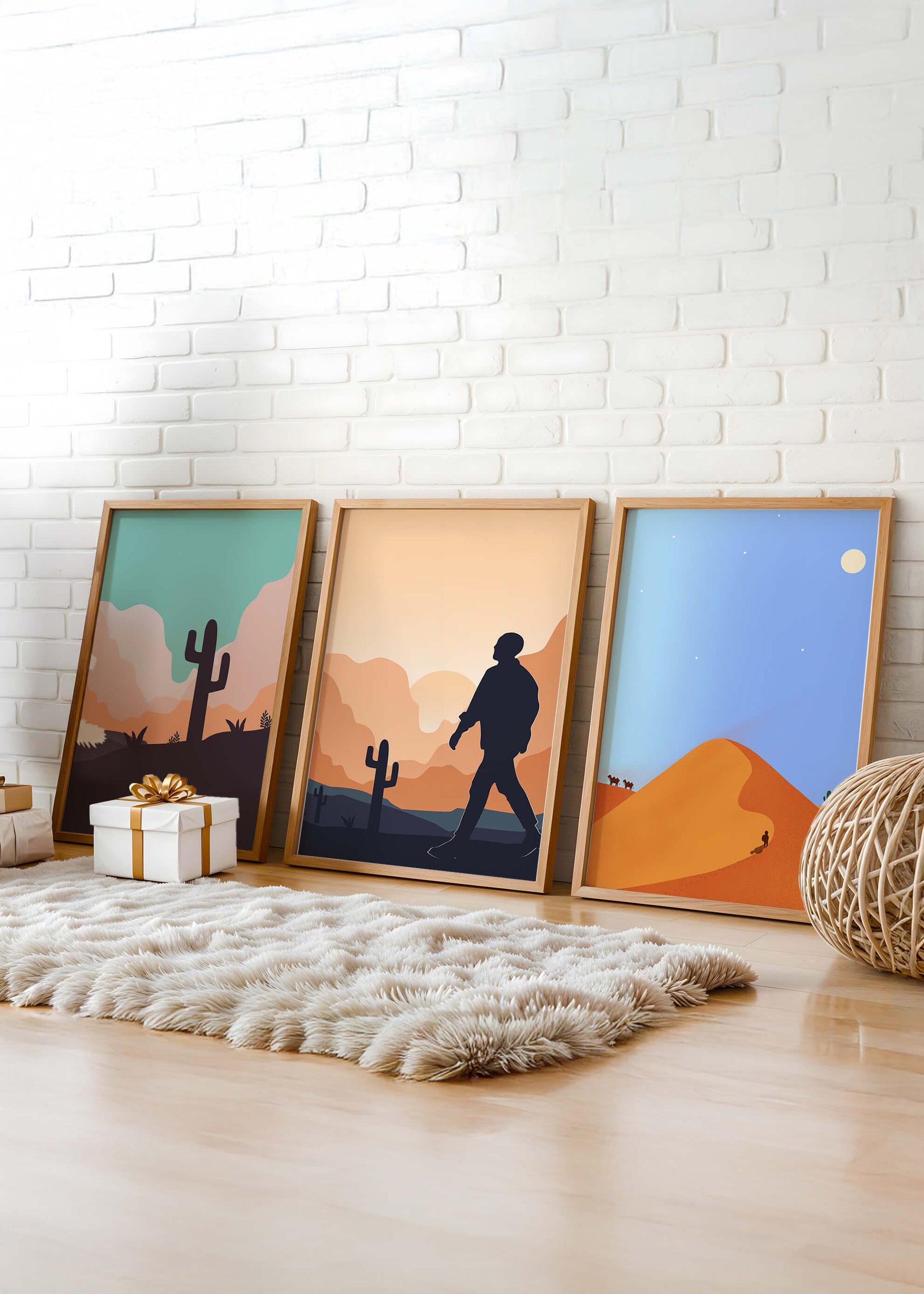Ensemble d'impressions artistiques de paysages désertiques avec des silhouettes et des cactus