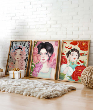 Ensemble de portraits féminins avec des fleurs dans un style artistique moderne