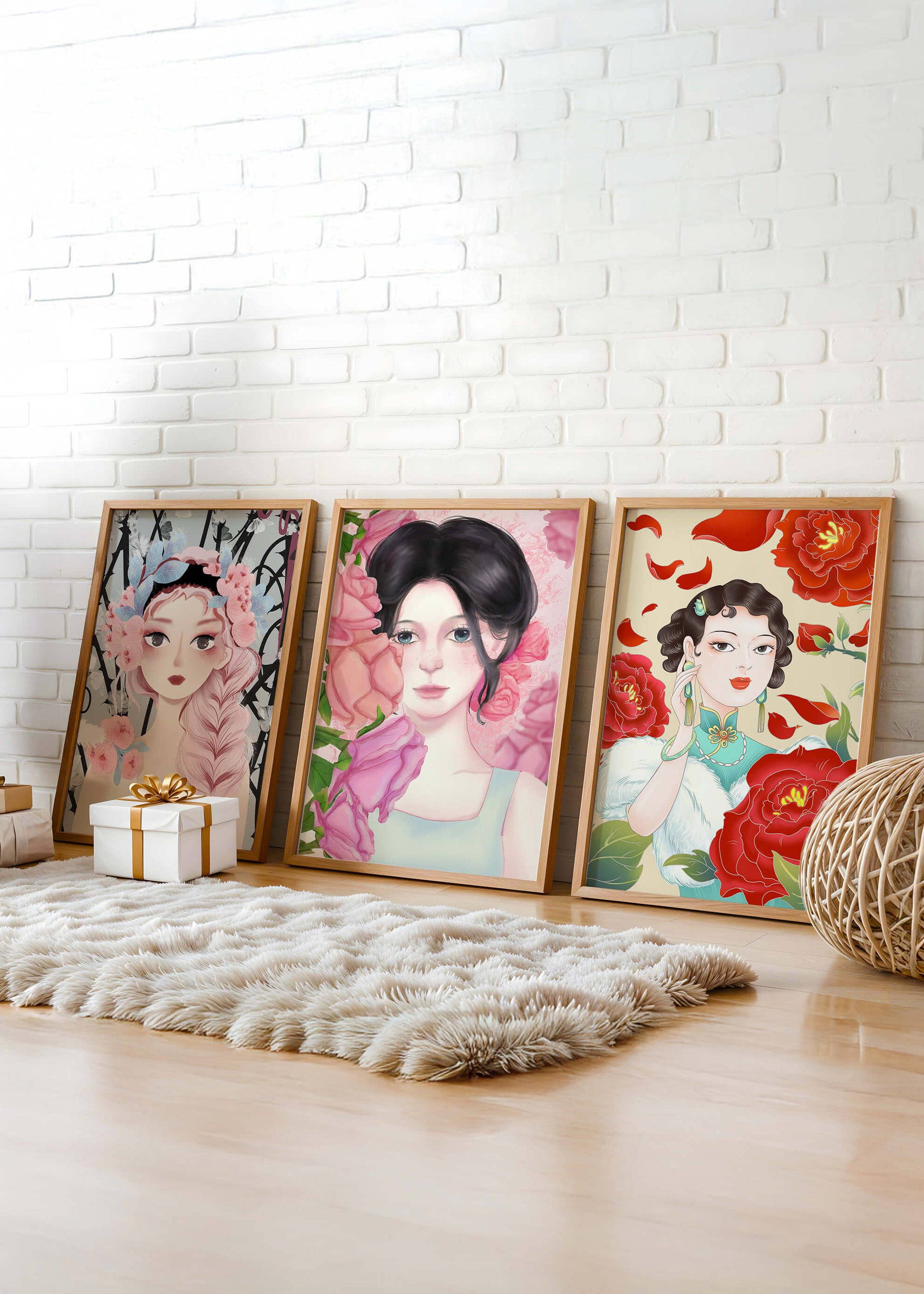 Ensemble de portraits féminins avec des fleurs dans un style artistique moderne