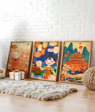 Triptyque d'art asiatique sur le thème des lanternes et de la culture traditionnelle