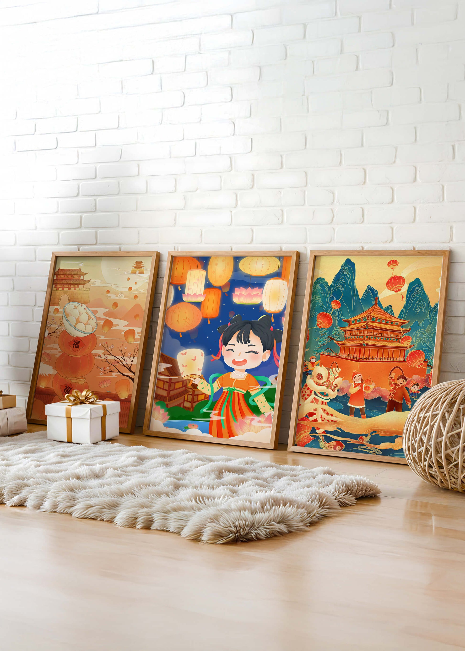 Triptyque d'art asiatique sur le thème des lanternes et de la culture traditionnelle
