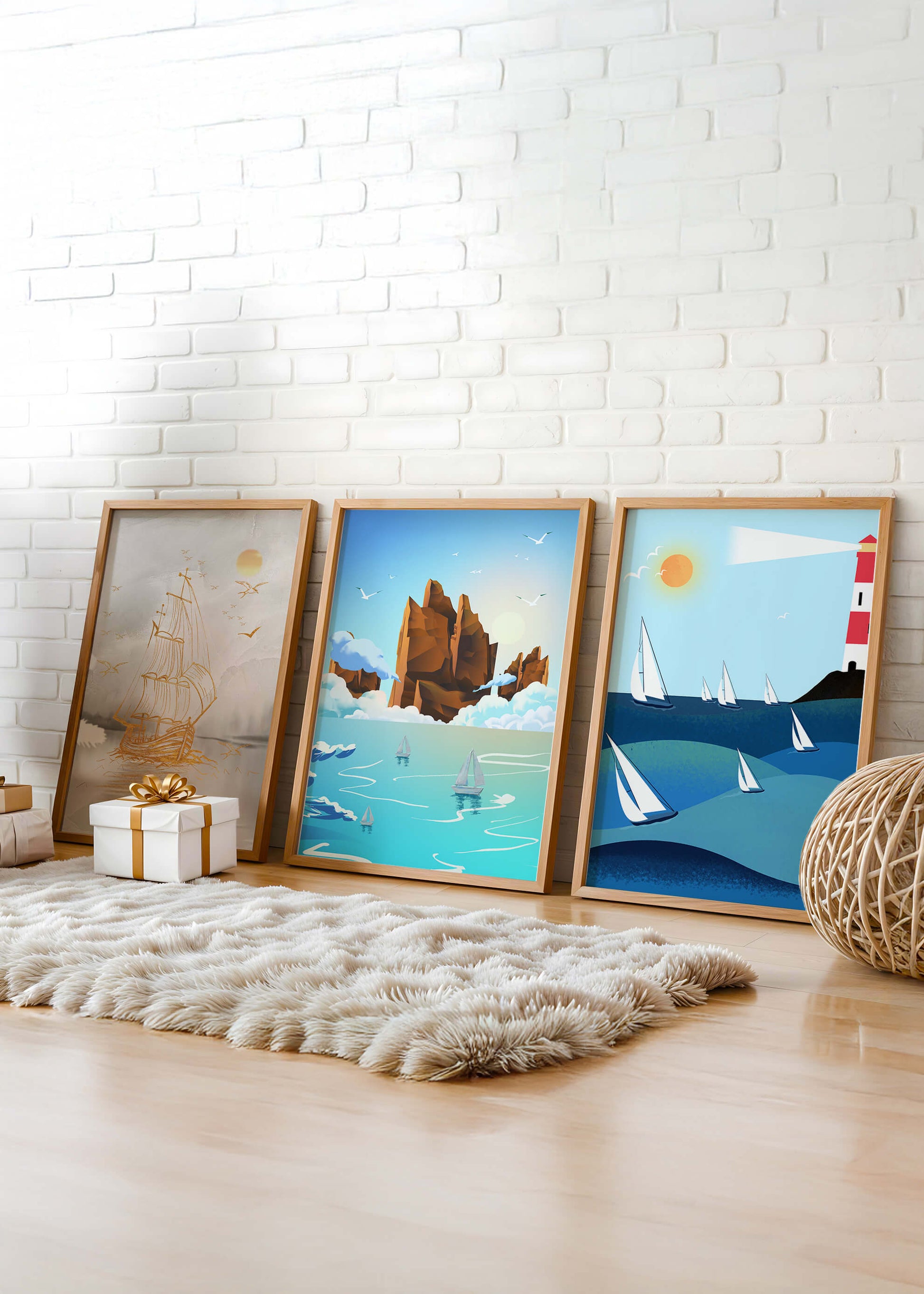 Triptyque de paysages marins avec bateaux et phare