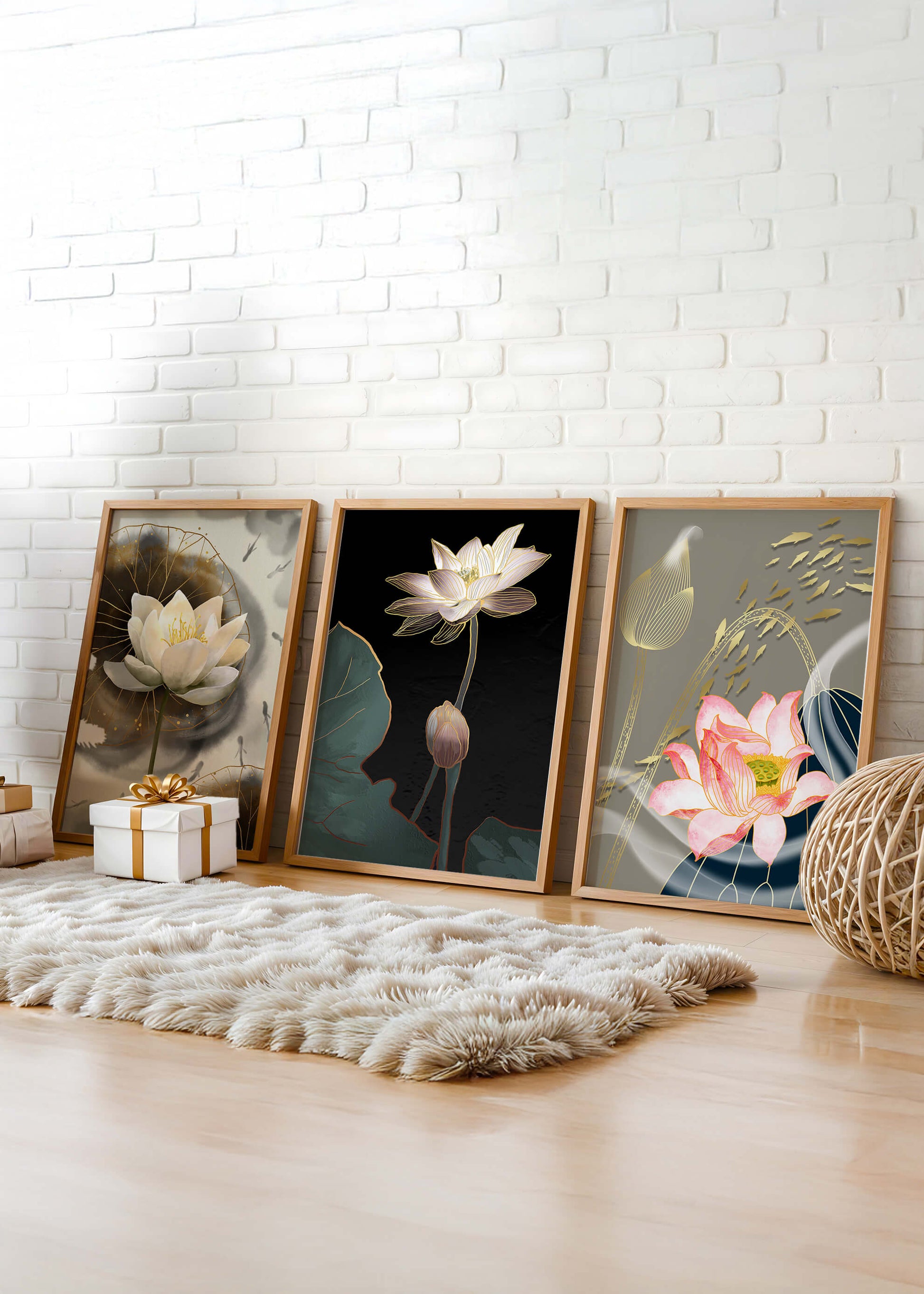 Impressions élégantes de fleurs de lotus avec finition dorée