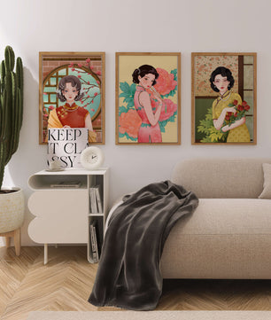 Ensemble de trois illustrations de femmes au style asiatique classique