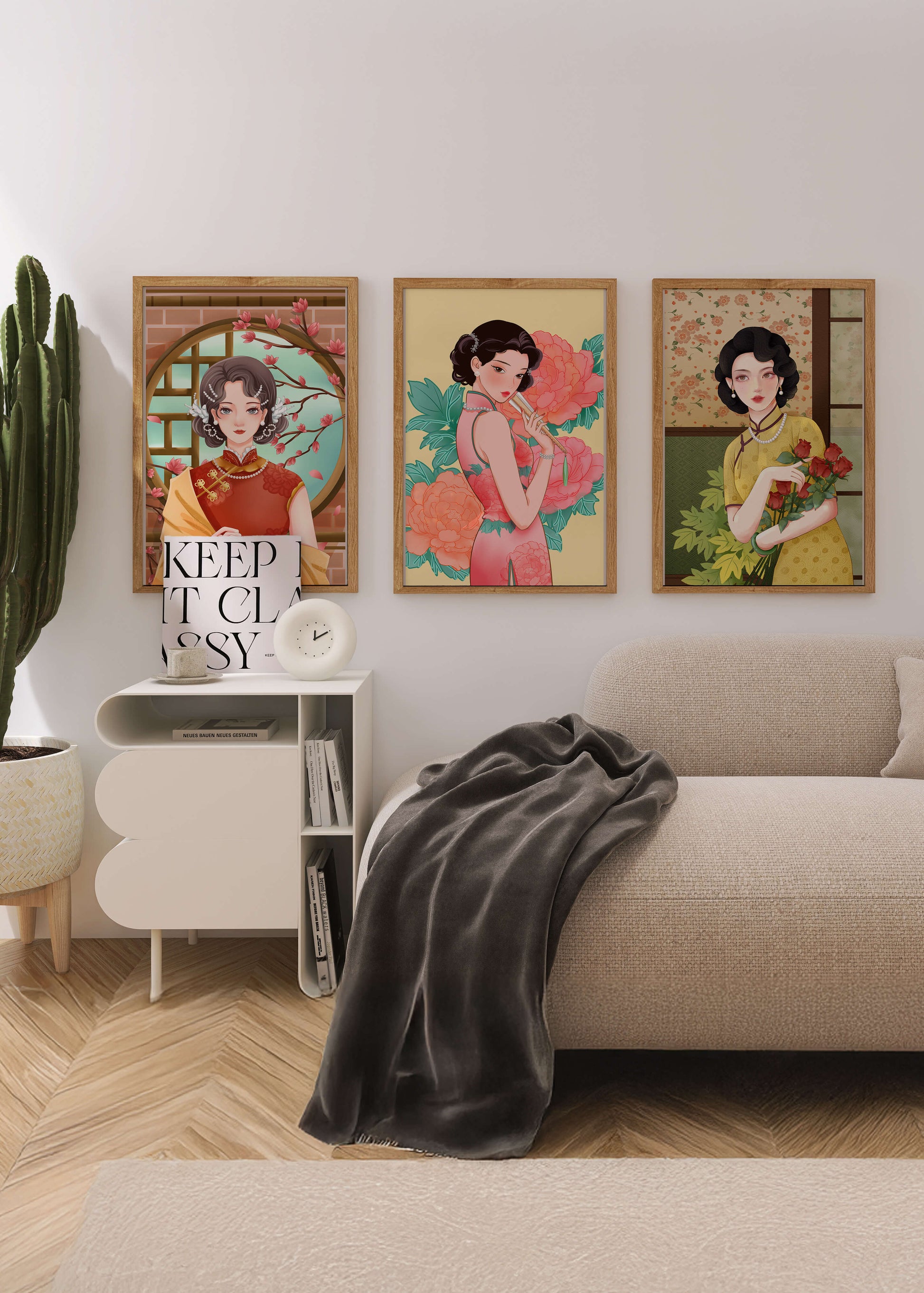 Conjunto de Tres Ilustraciones de Mujeres con Estilo Asiático Clásico