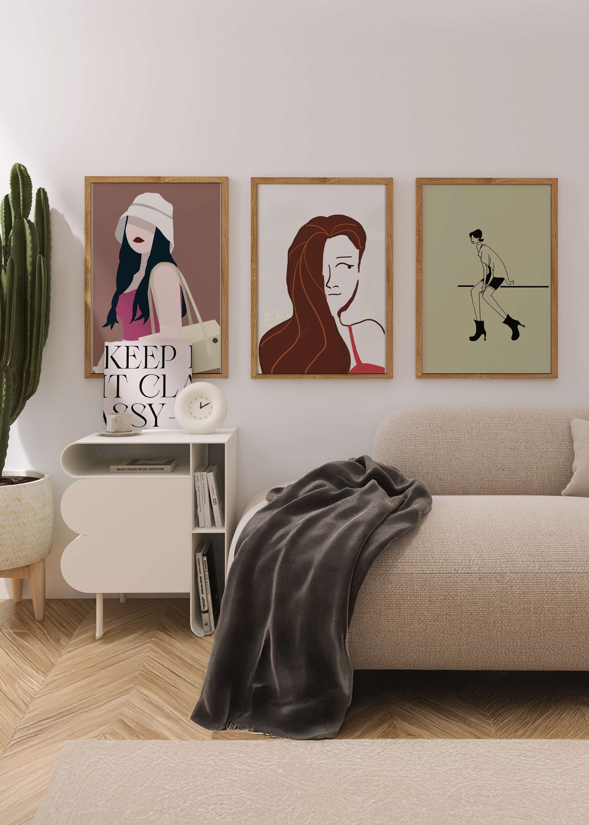Images minimalistes de figures féminines dans des cadres en bois
