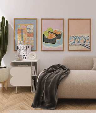 Ensemble de toiles avec illustrations de sushi sur fond pastel