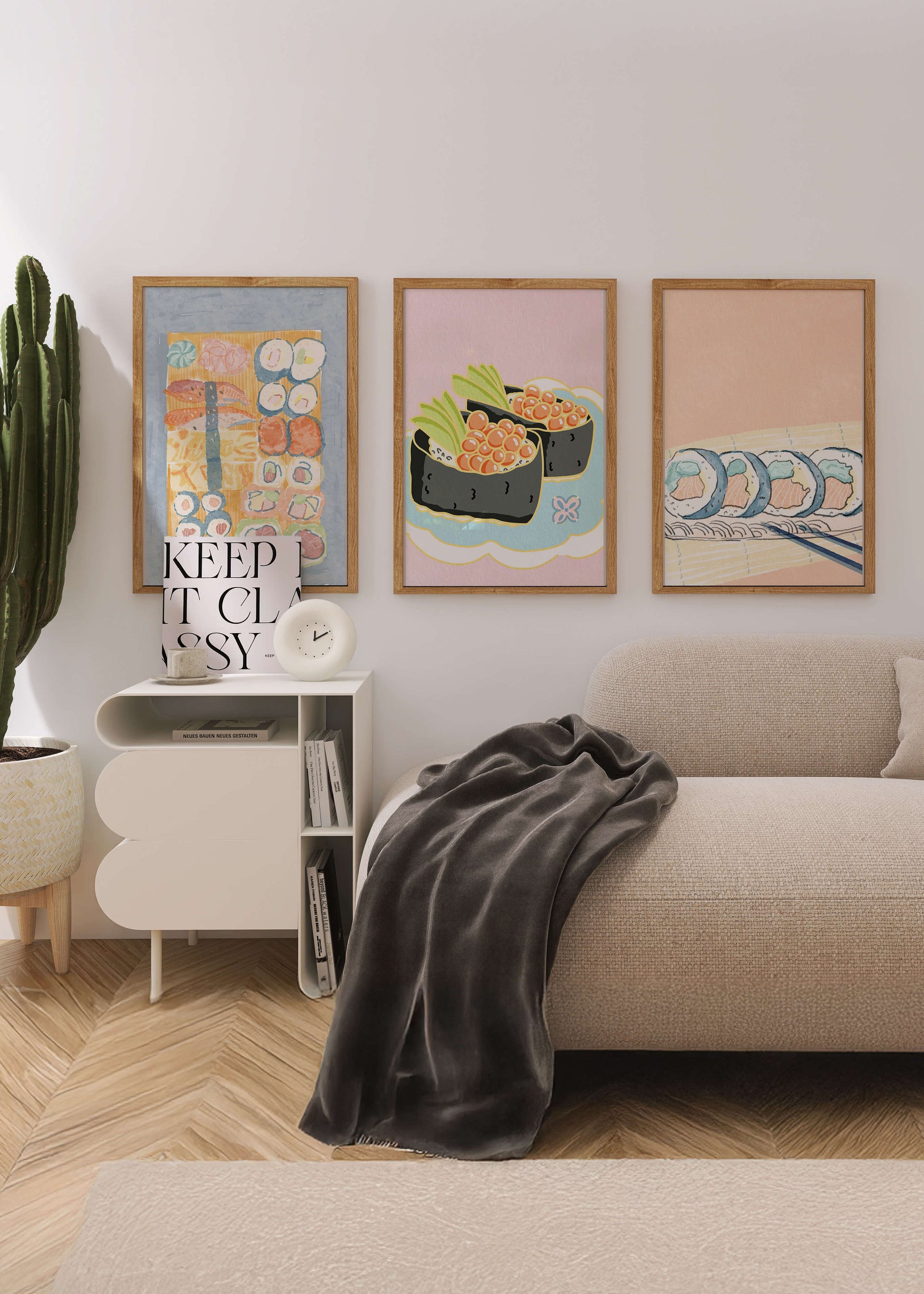 Conjunto de Lienzos con Ilustraciones de Sushi en Fondo Pastel