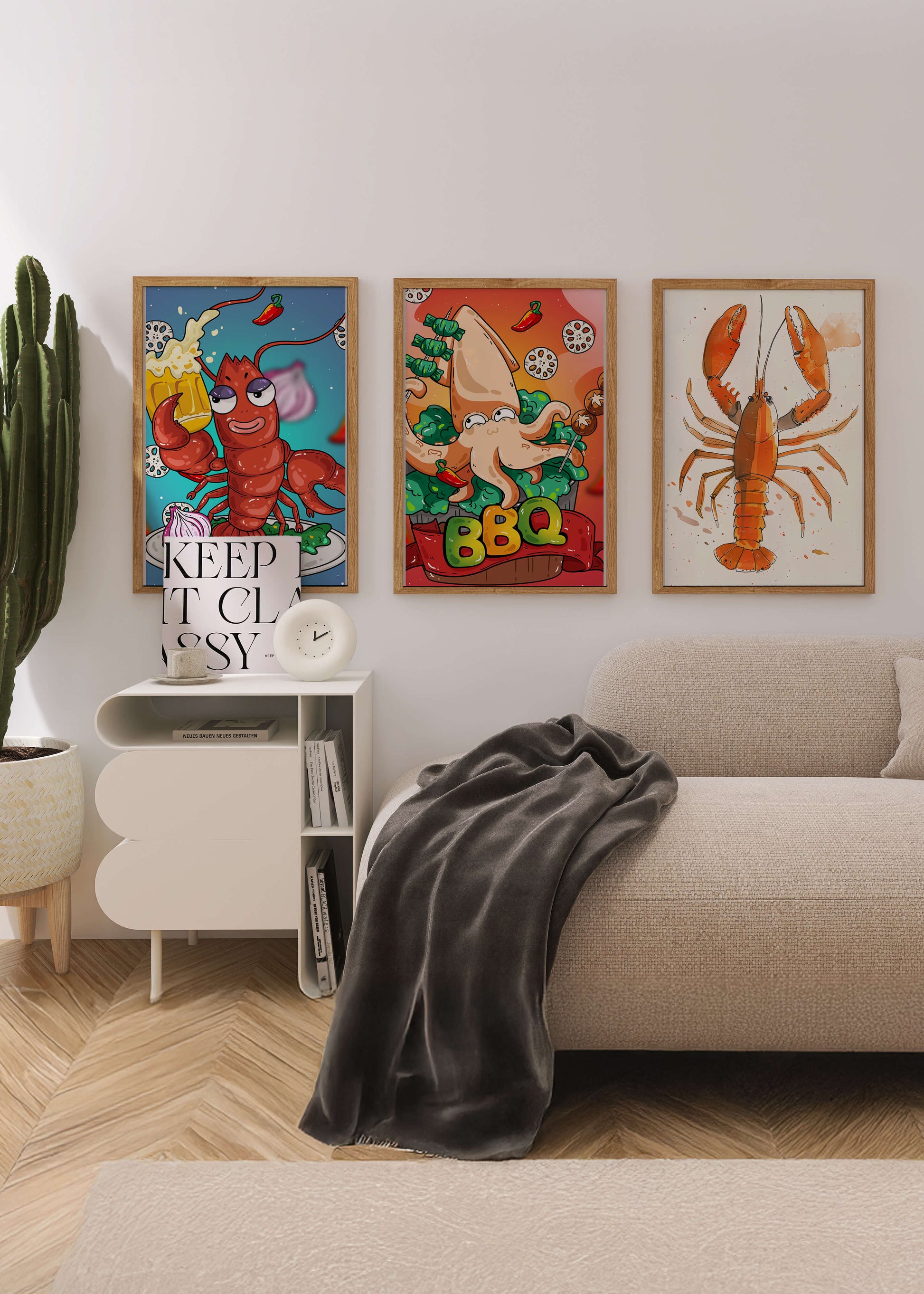 Affiches de fruits de mer amusants dans un style illustratif