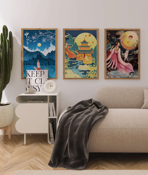 Ensemble d'art oriental avec paysages mystiques et pleine lune