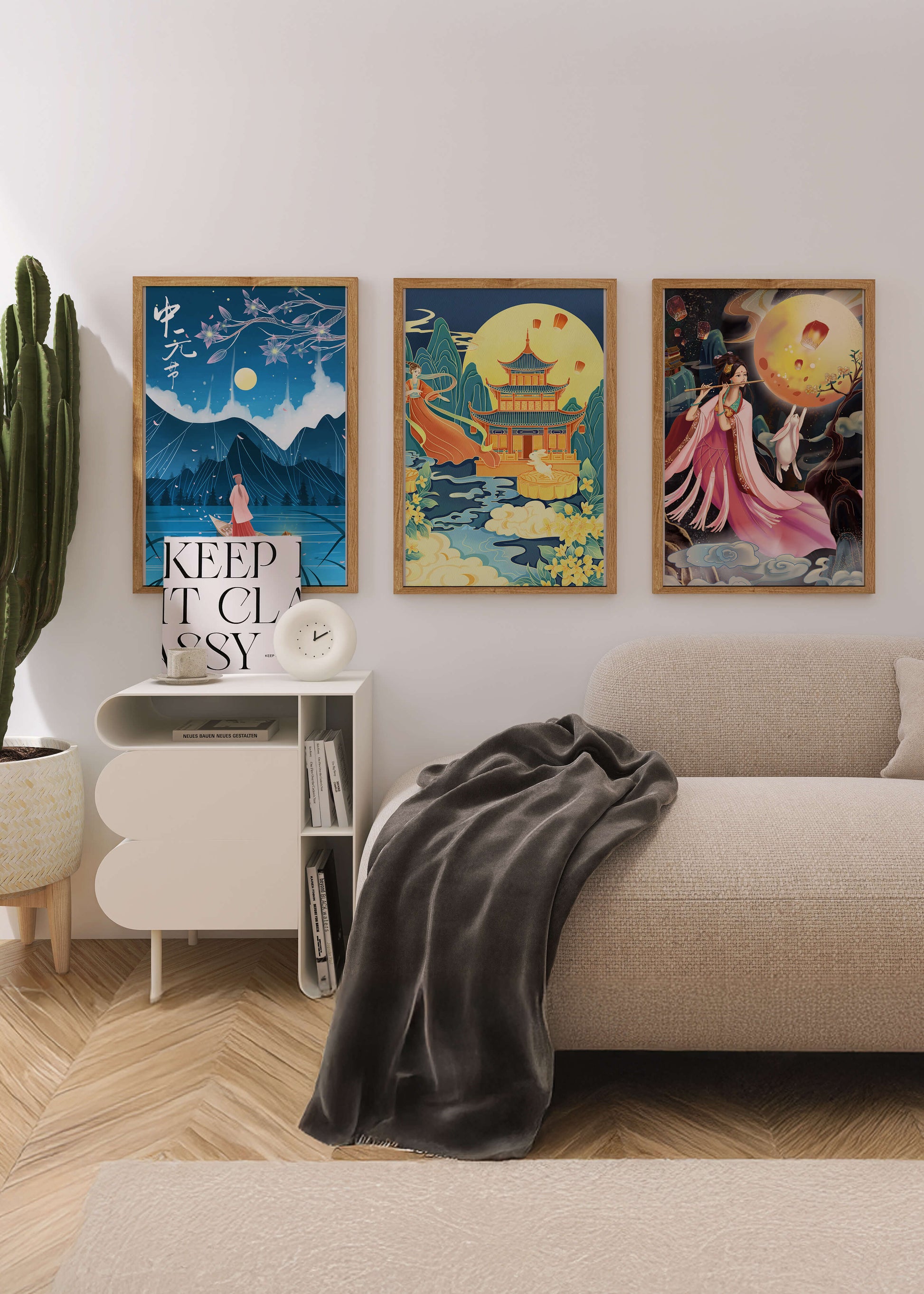 Conjunto de Arte Oriental con Paisajes Místicos y Luna Llena