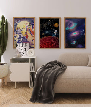Triptyque d'art spatial avec astronautes en impression de haute qualité