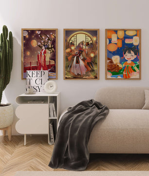 Art décoratif de style asiatique avec des lanternes et des personnages en vêtements traditionnels