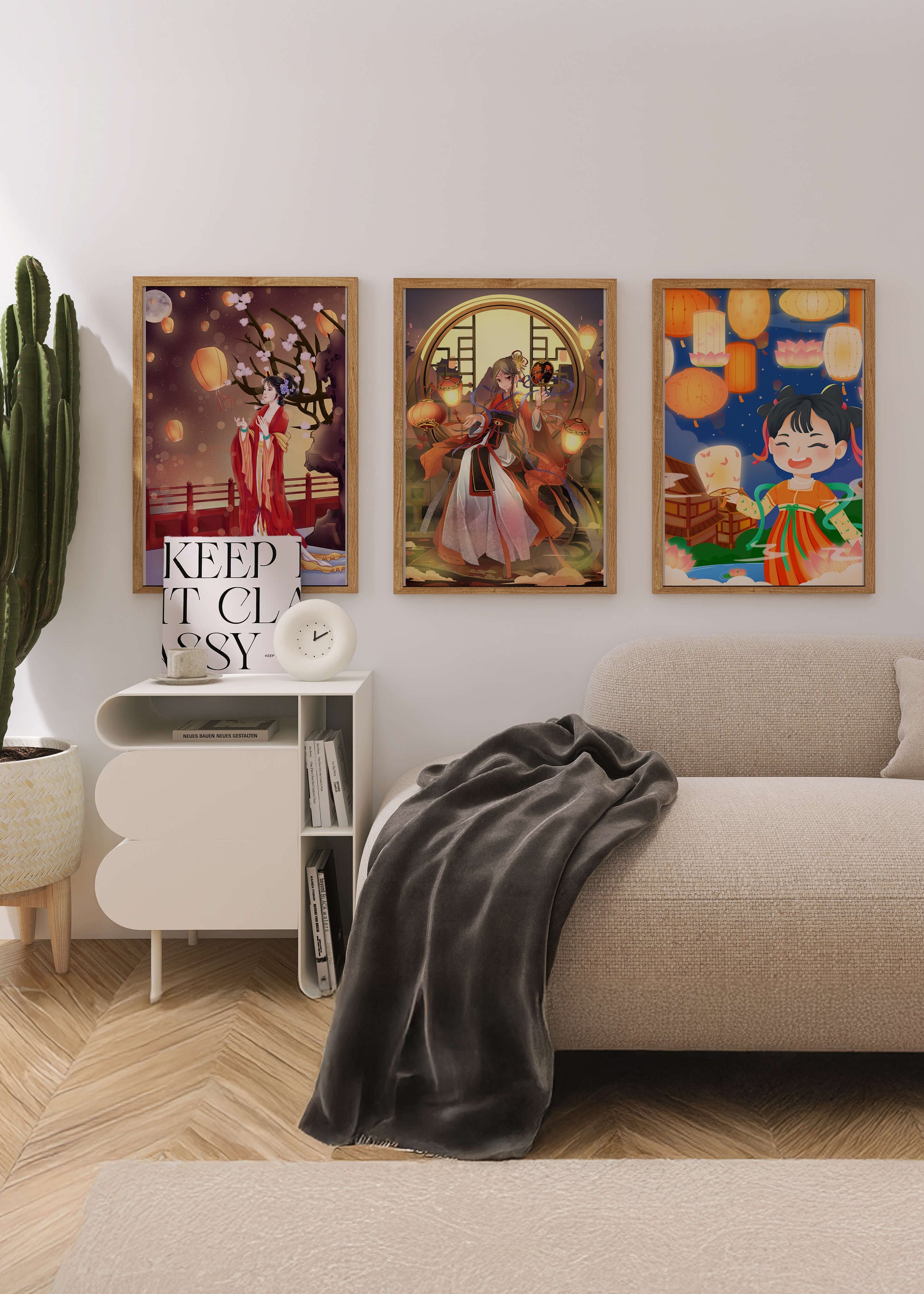 Art décoratif de style asiatique avec des lanternes et des personnages en vêtements traditionnels