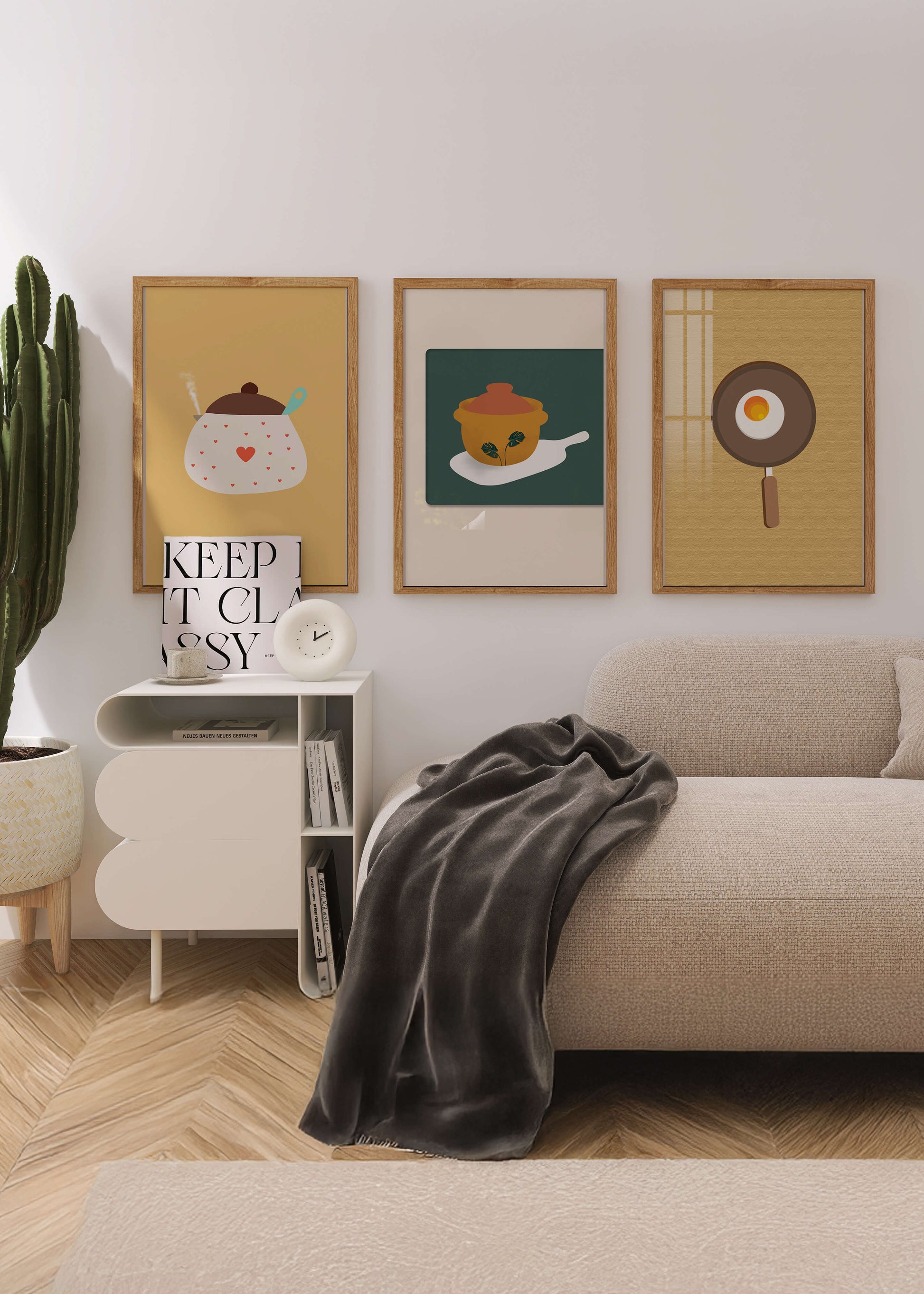 Trio de tableaux de cuisine aux motifs minimalistes et modernes