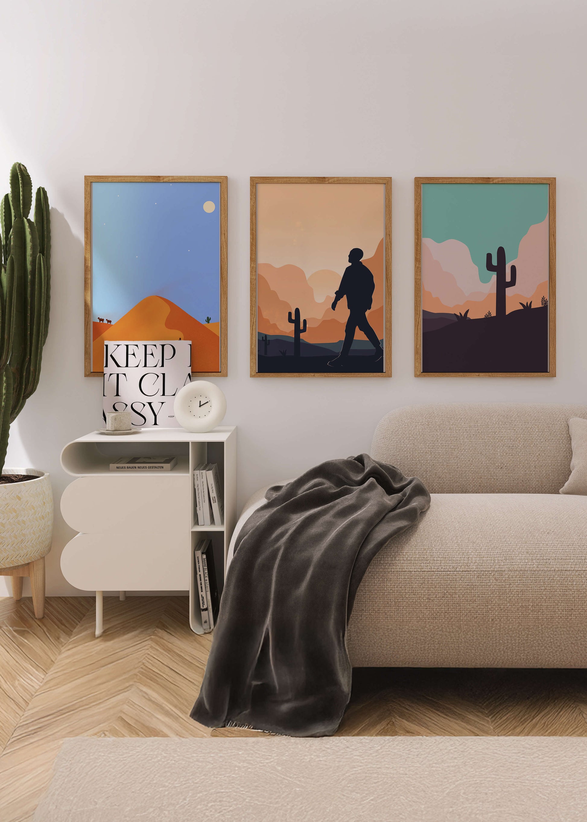 Ensemble d'impressions artistiques de paysages désertiques avec des silhouettes et des cactus