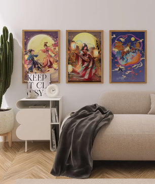 Triptyque de posters à thème oriental et pleine lune