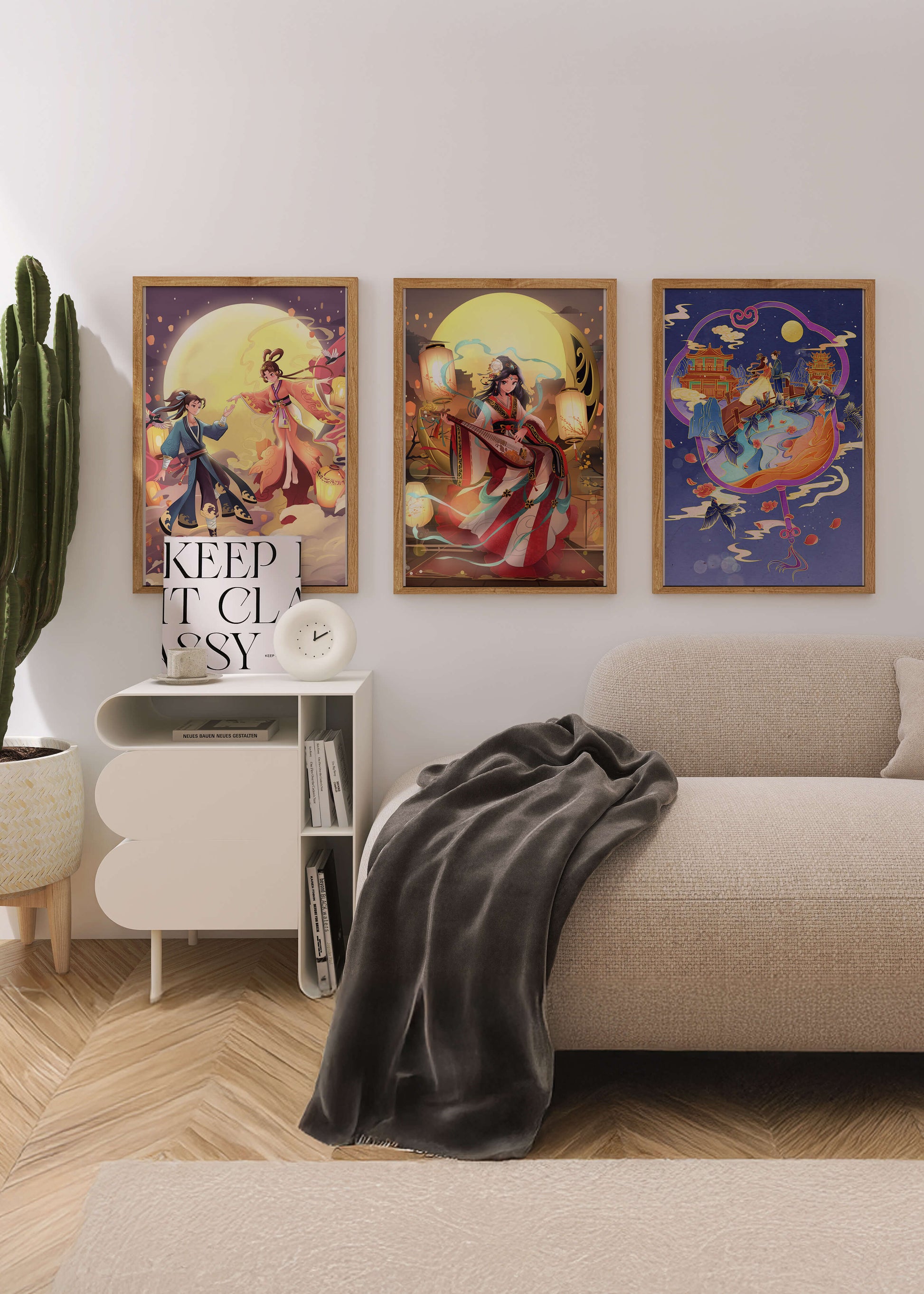 Triptyque de posters à thème oriental et pleine lune