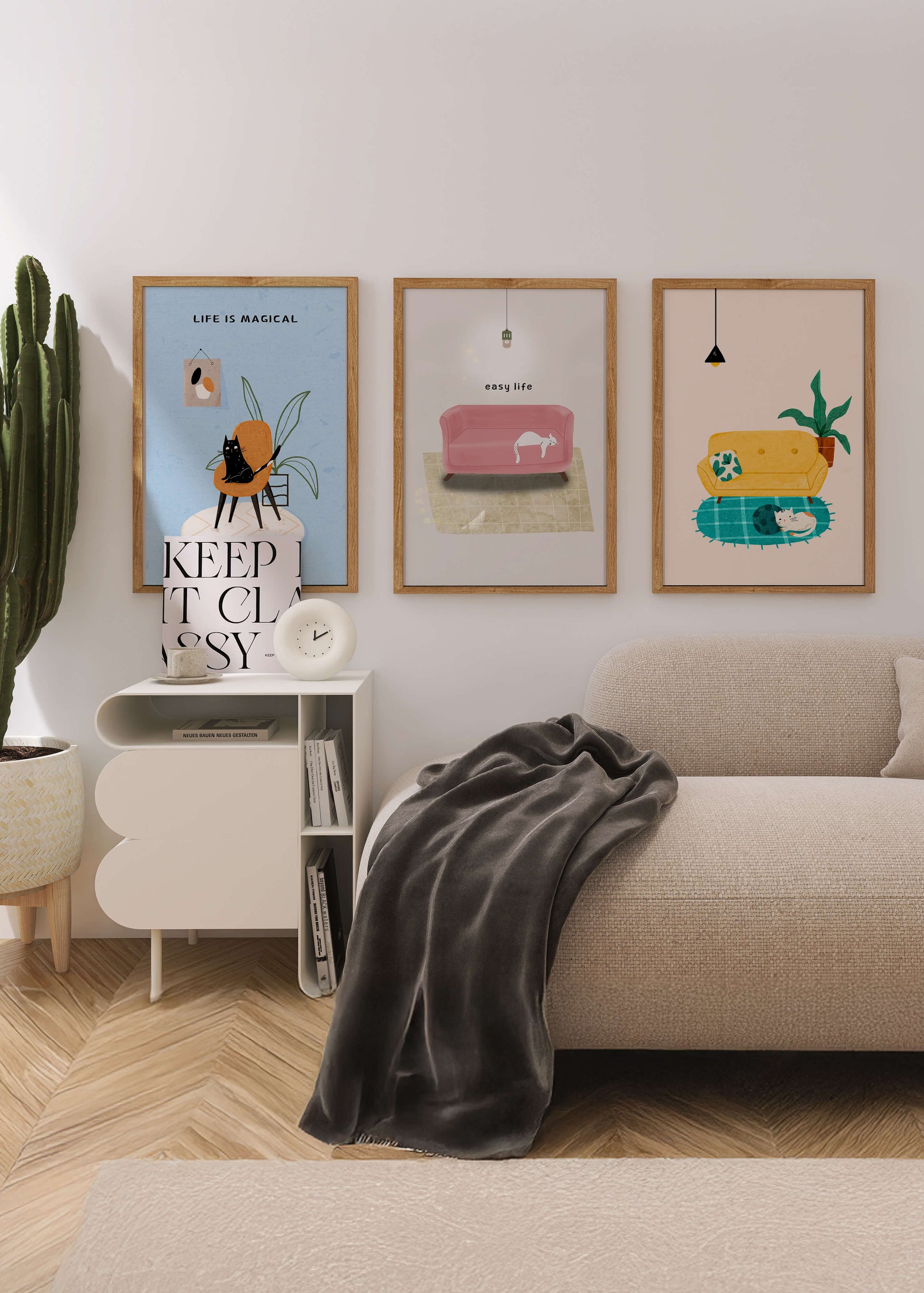 Imágenes minimalistas de gatos y muebles en marcos de madera