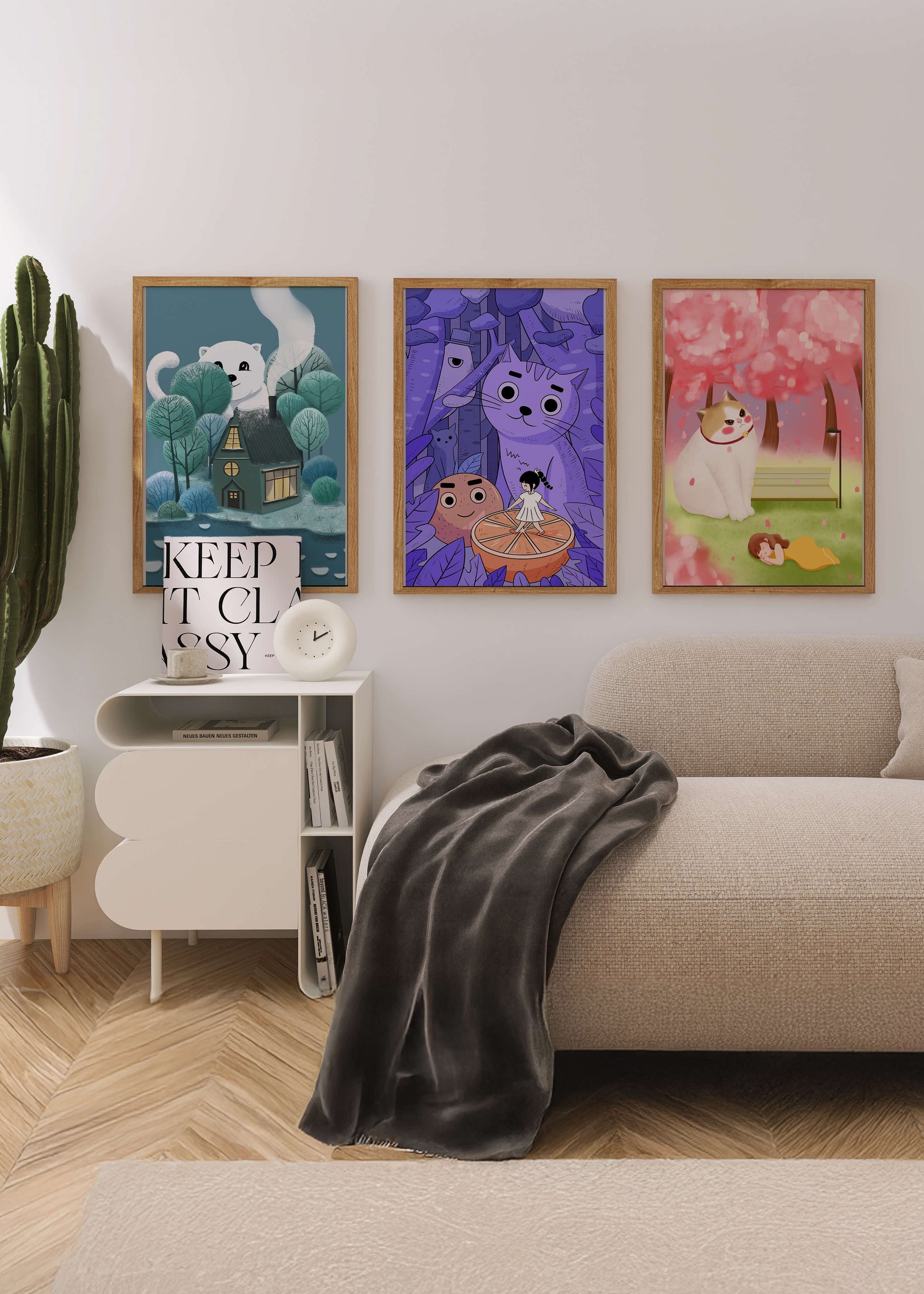 Triptyque d’illustrations de chats dans des paysages magiques